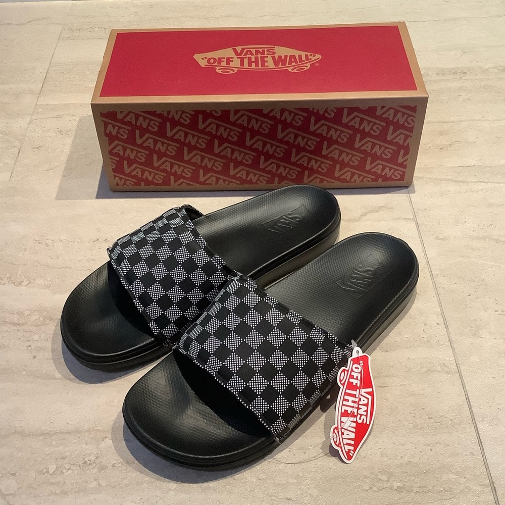 NWB Vans Range Slide-on Sandals Checker Dot Black Men’s Size 12
